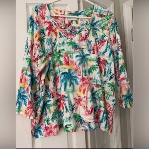 Alfred Dunner XL X Large Rainbow Palm Tree Beach Shirt Top 3/4 sleeve
